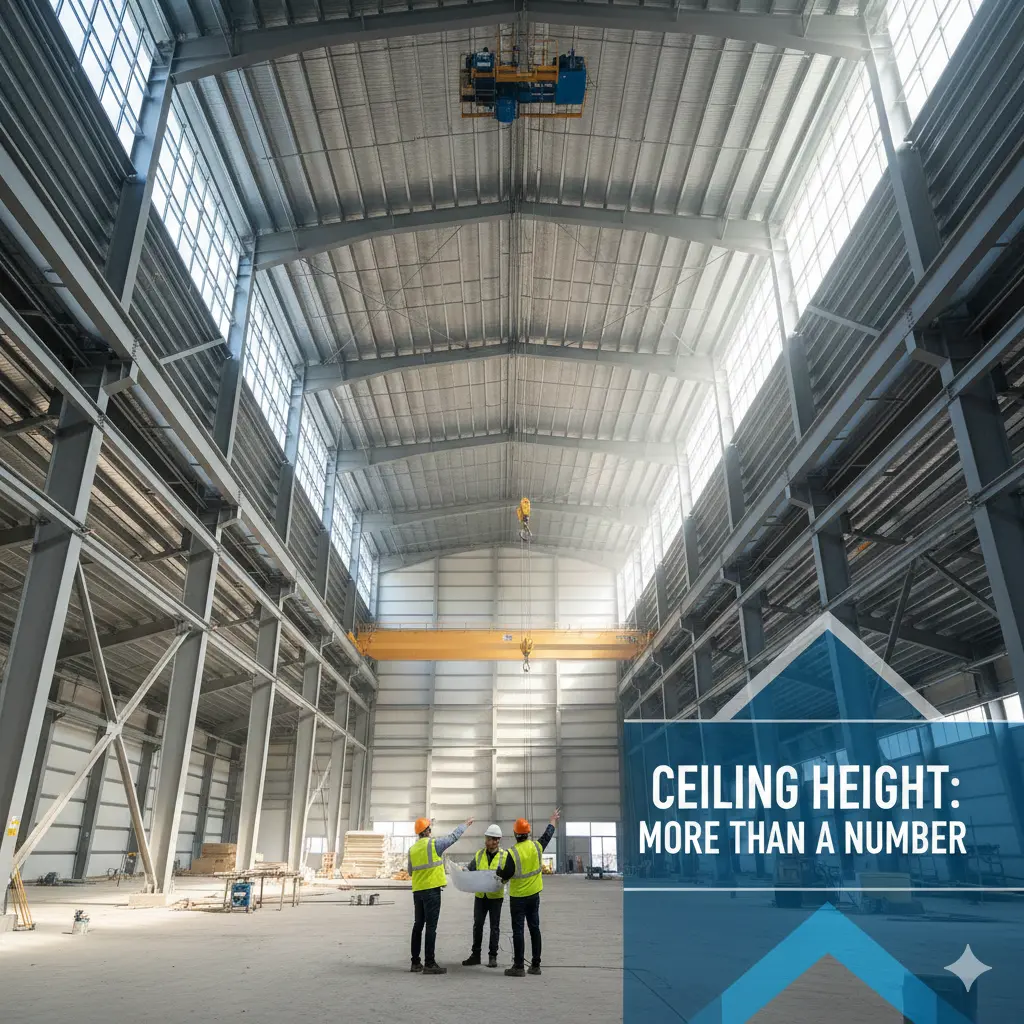 Immense industrial interior with a soaring steel roof structure, overhead gantry cranes, and a team of construction professionals reviewing blueprints on the floor.