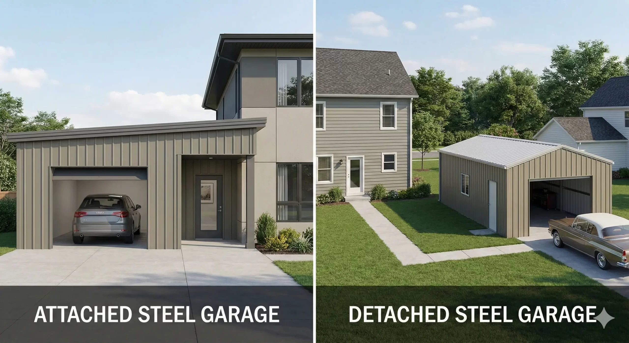 Side-by-side comparison of a modern "Attached Steel Garage" featuring a sleek single-slope roof integrated into a residential home, versus a standalone "Detached Steel Garage" positioned in the backyard for independent use.