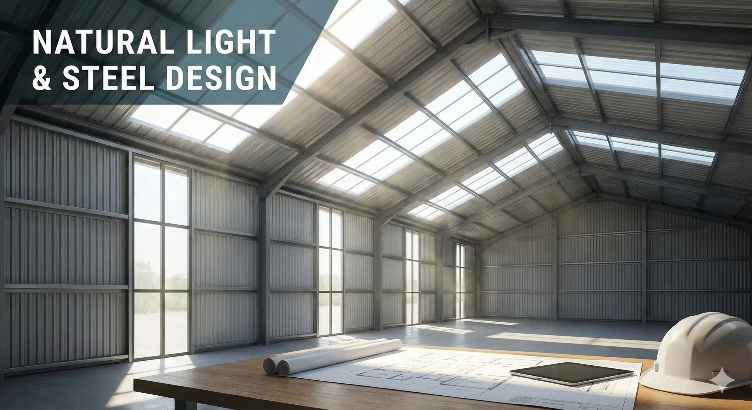 An interior view of an empty steel building showcasing Natural Light & Steel Design. Large skylight panels integrated into the gabled roof and floor-to-ceiling windows on the sidewall illuminate the space, with architectural blueprints on a foreground table.