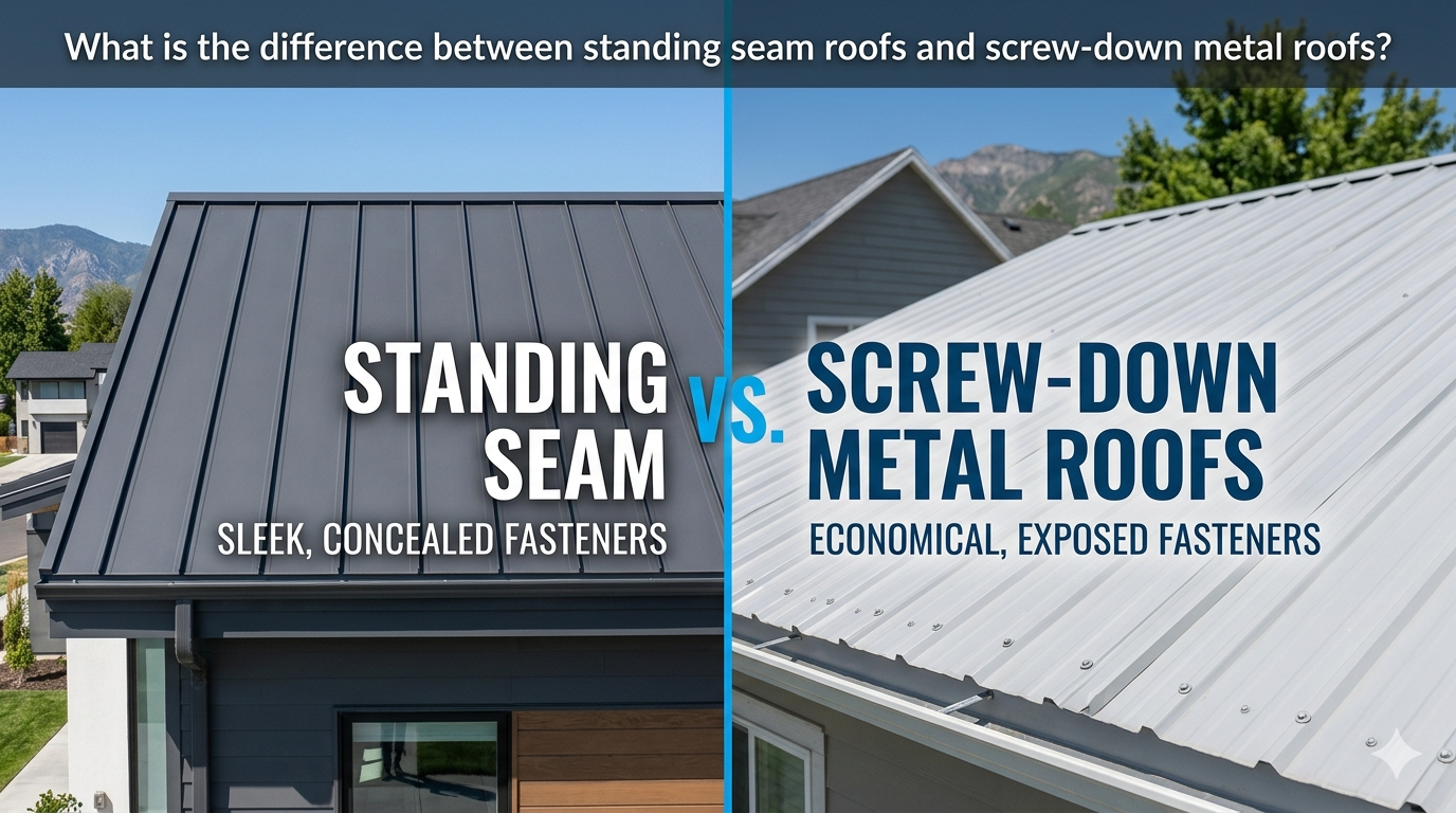 Split image comparing standing seam roof vs screw-down metal roof with visible fasteners