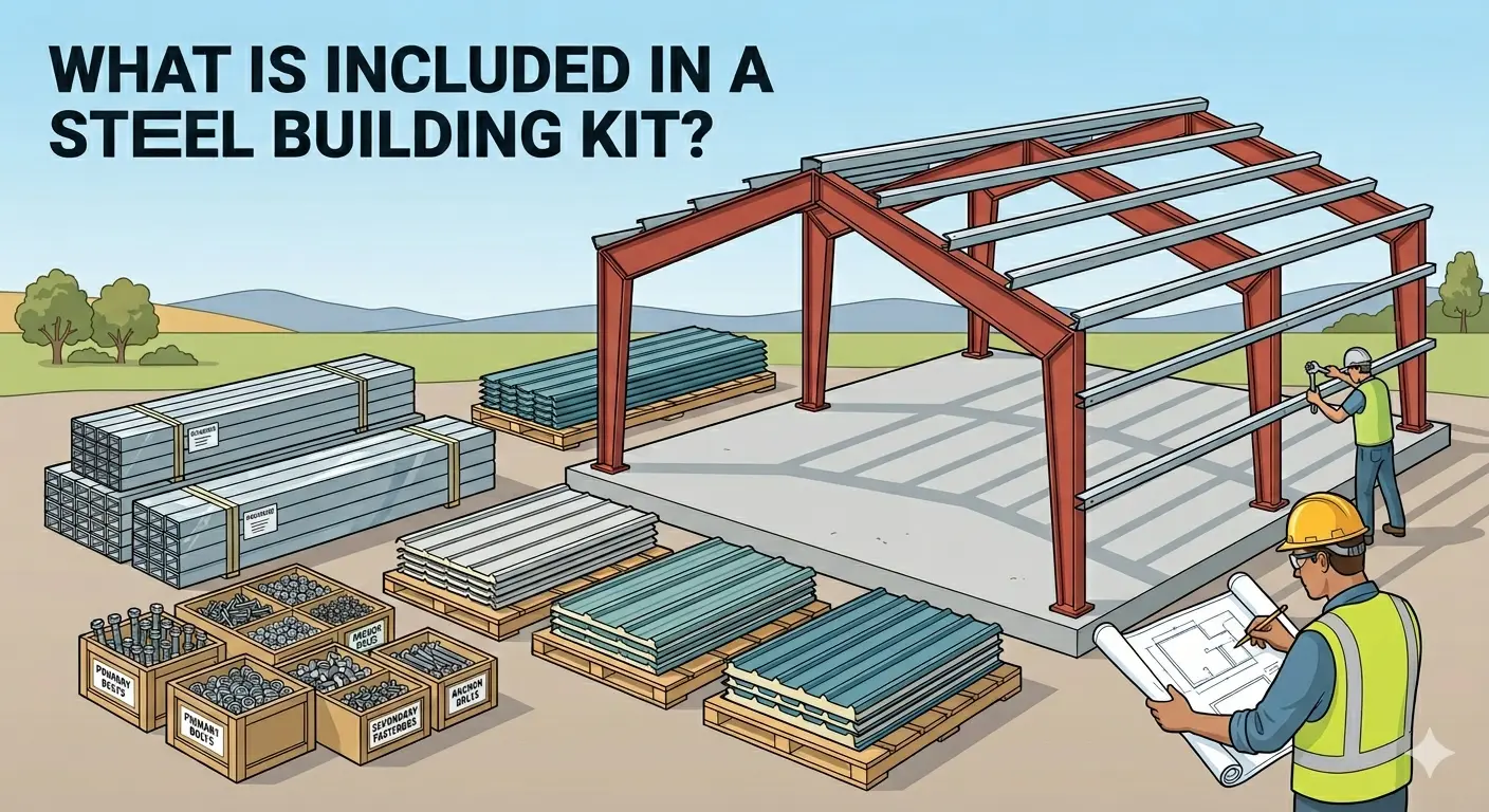 Steel building kit components laid out with frame, panels, fasteners, and workers assembling